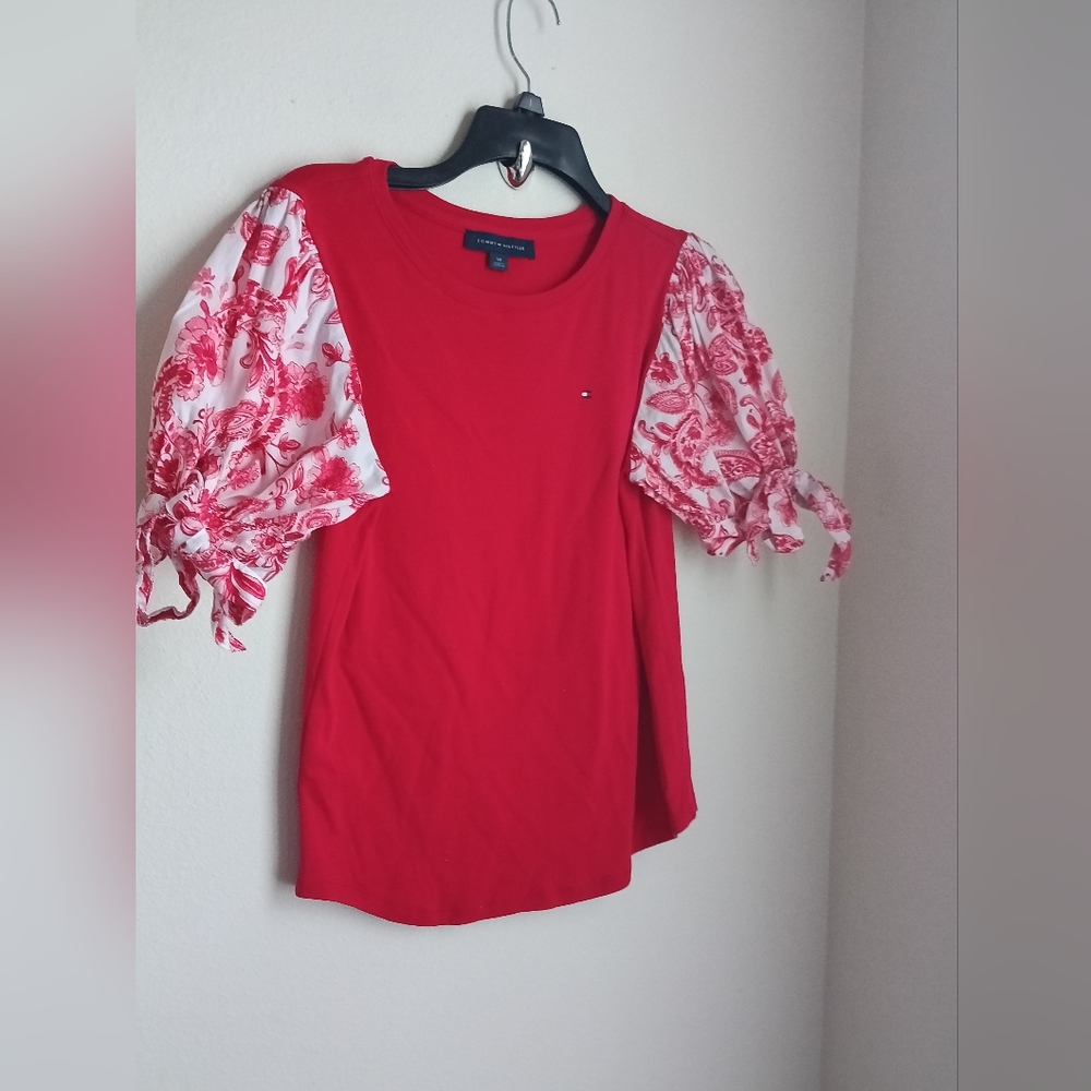 Tommy Hilfiger Blouse Women SP Red Floral Short Sleeves Academia Casual Dinner